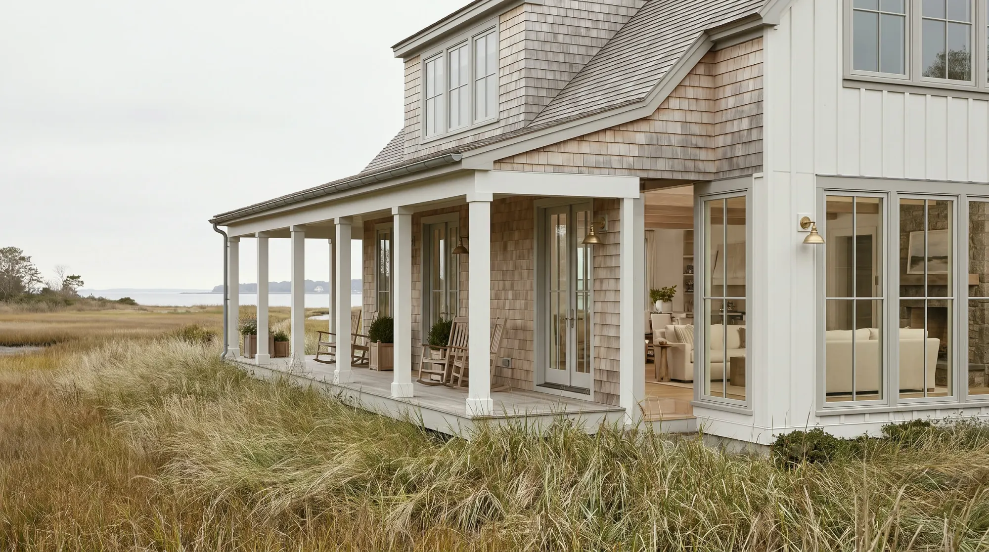 Modern shingle-style house with a deep covered porch beside tidal marsh, the kind of house typical of Westport.