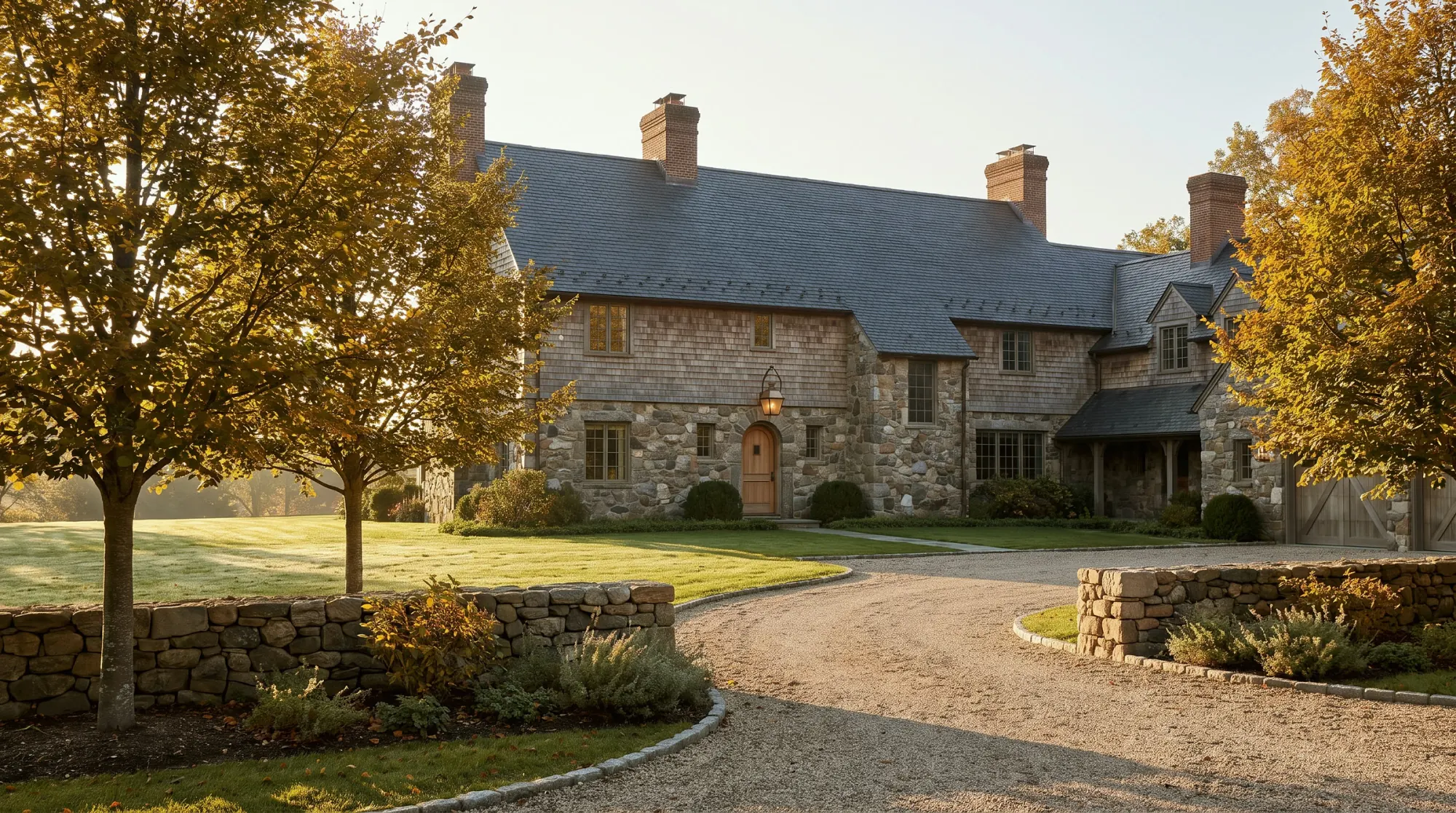Stone and shingle estate house on a gravel drive, the kind of house typical of backcountry Greenwich.