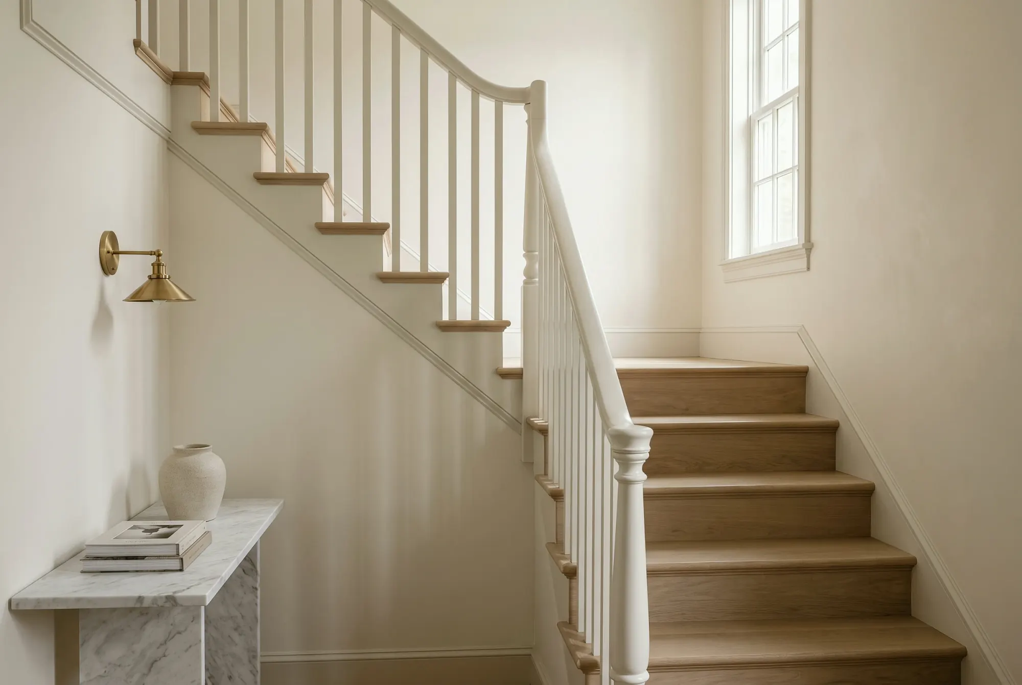 White oak staircase with a painted balustrade and turned newel post in a newly built house