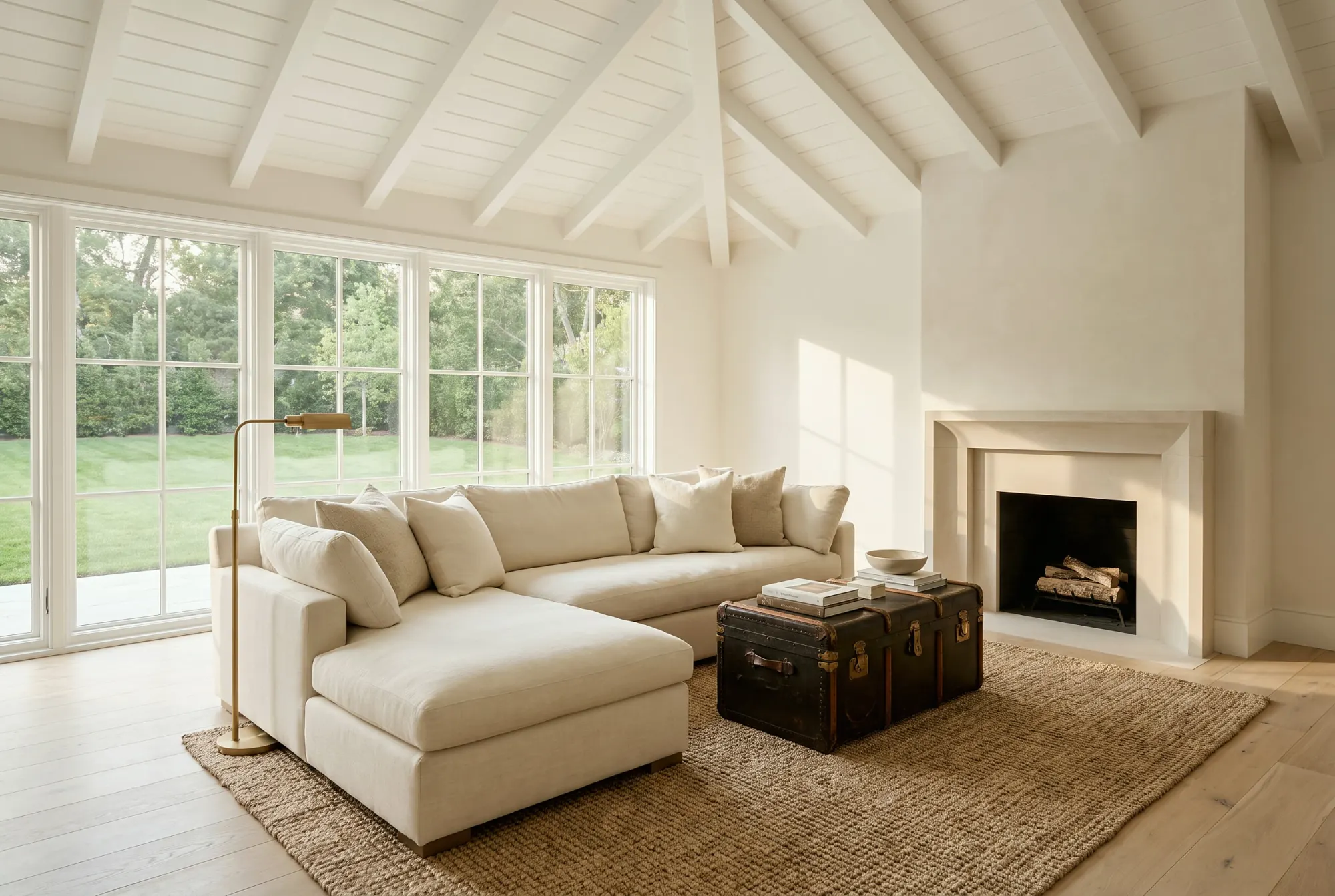 Family room addition with a vaulted white ceiling, a limestone fireplace and a wall of windows onto the lawn