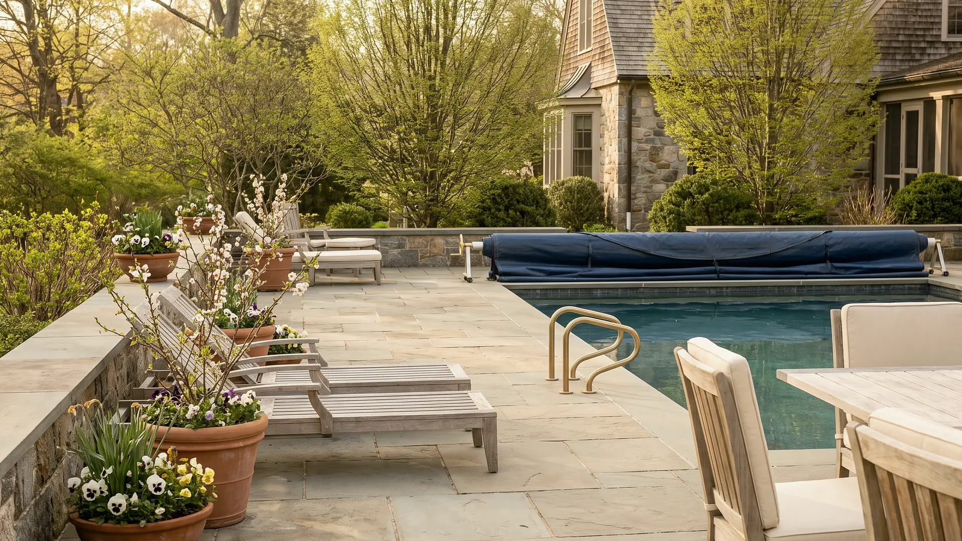 A bluestone pool terrace with planters and lounge chairs beside a stone house