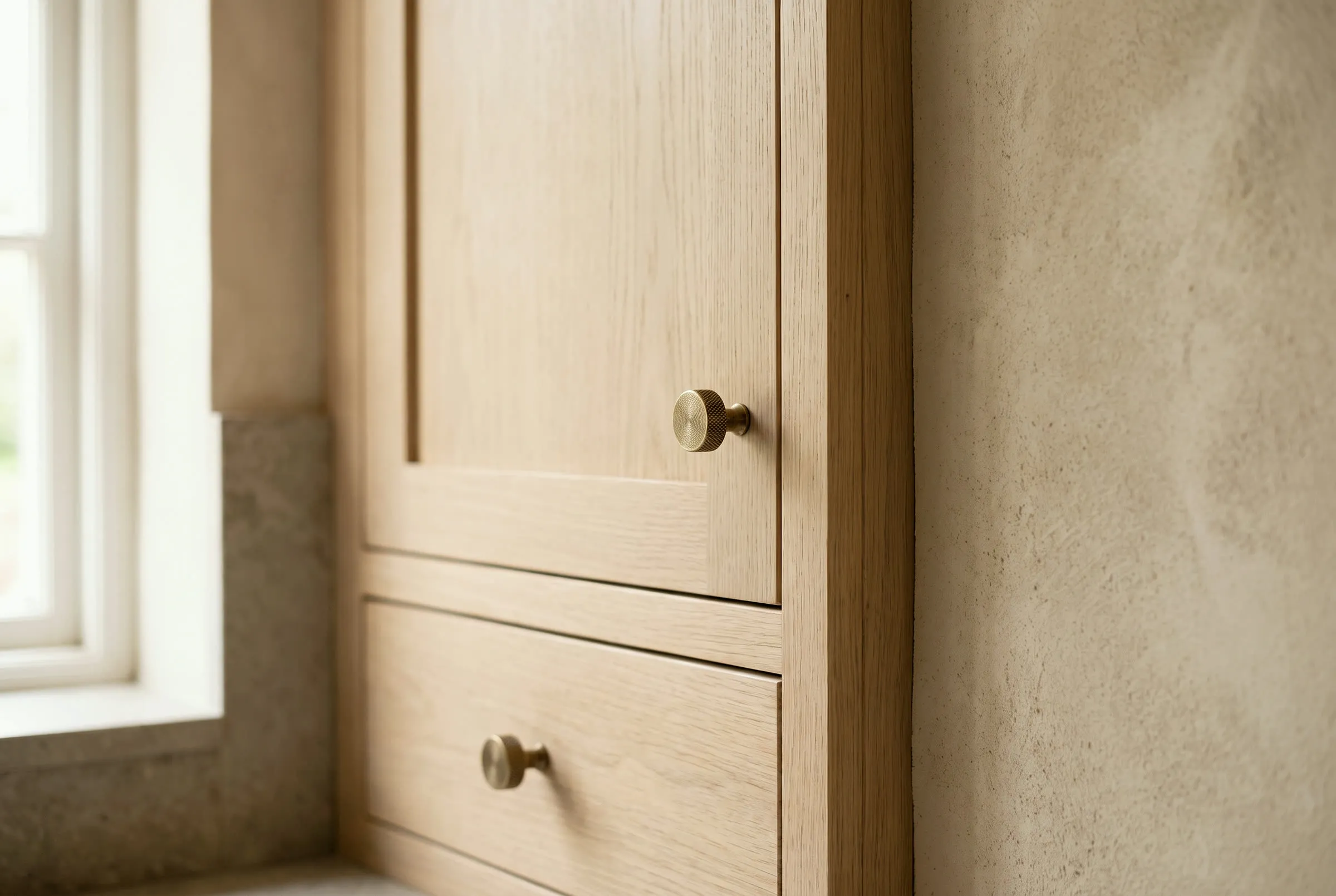 Inset white oak cabinet door and drawer with even reveals