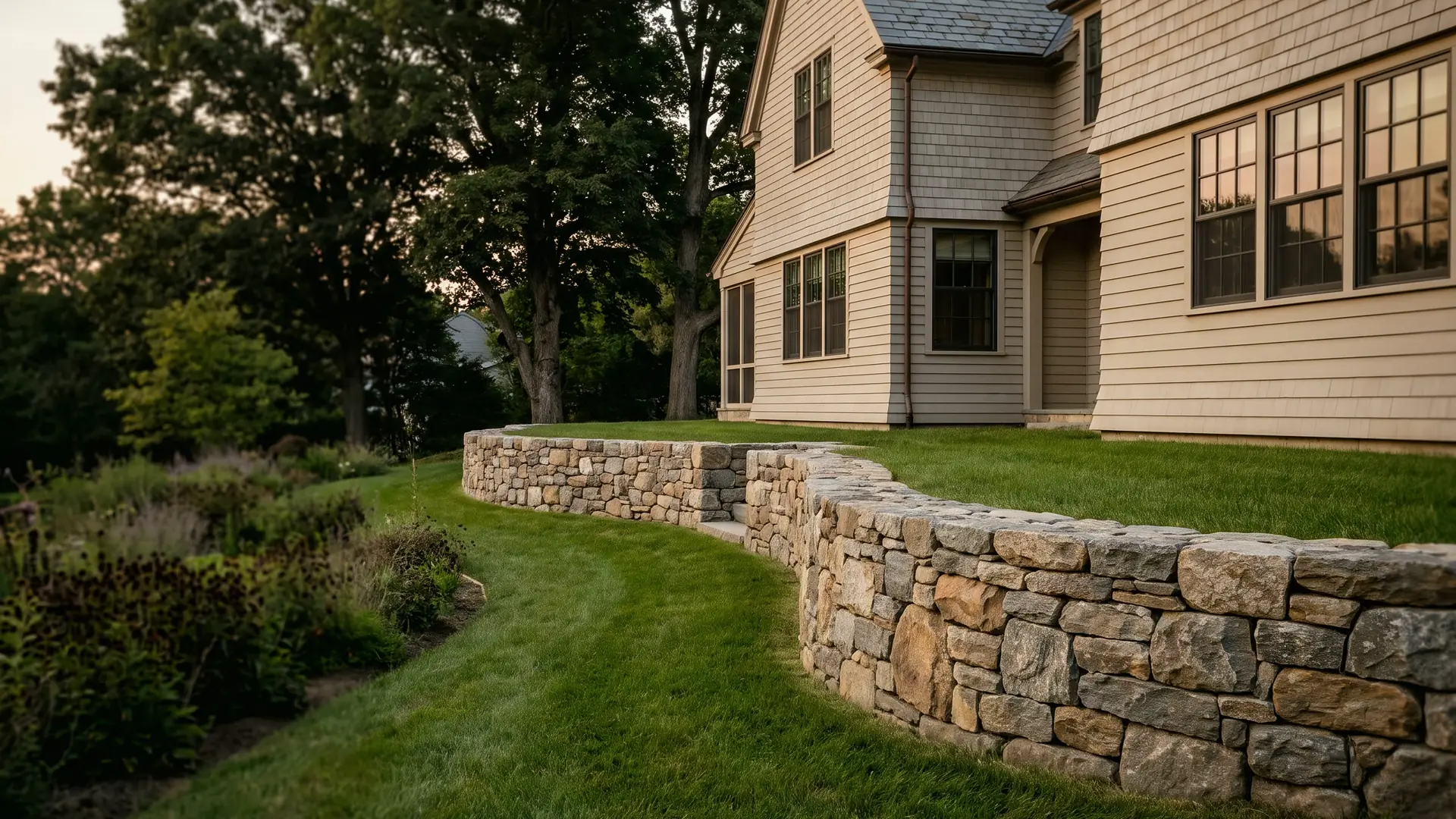 A cedar-shingled house above a curving dry-laid fieldstone wall and lawn