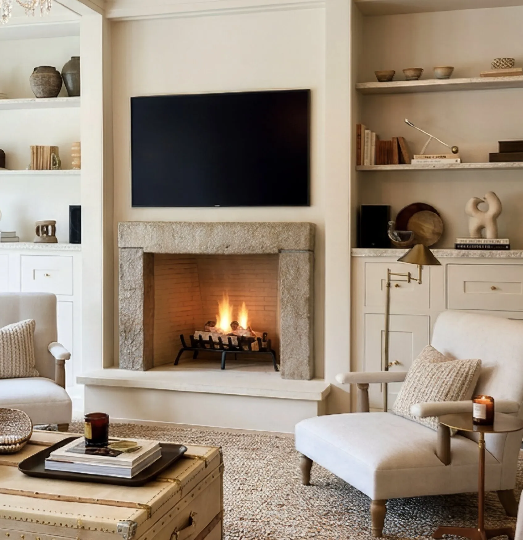 Limestone hearth and built-in millwork under a shiplap ceiling