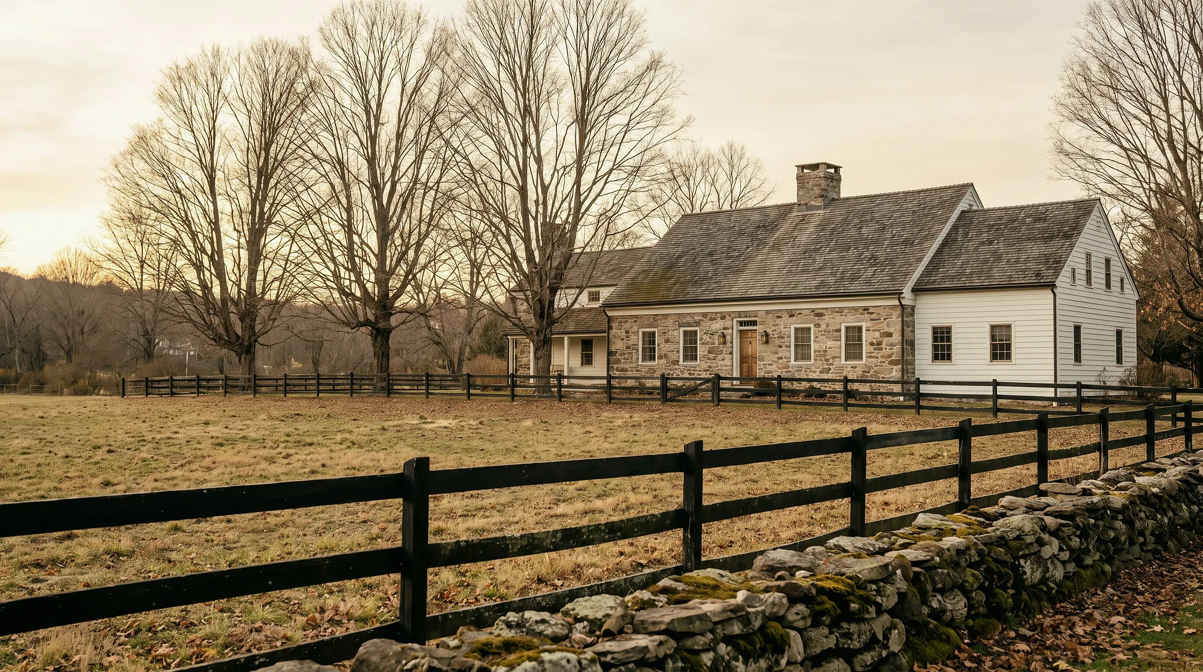 A fieldstone and white clapboard farmhouse behind a post-and-rail fence and an open paddock