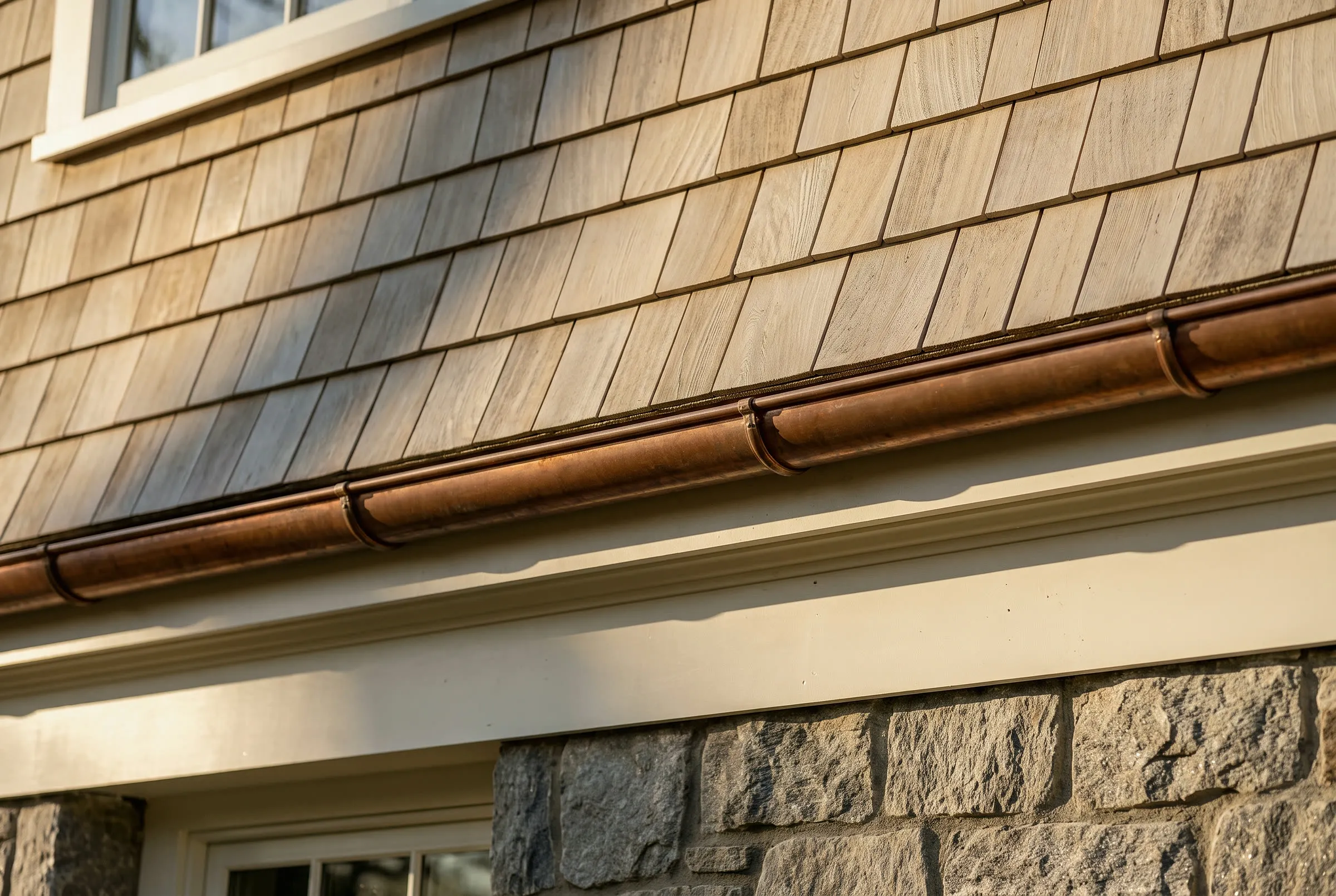 Copper half-round gutter and cedar shingles meeting white trim