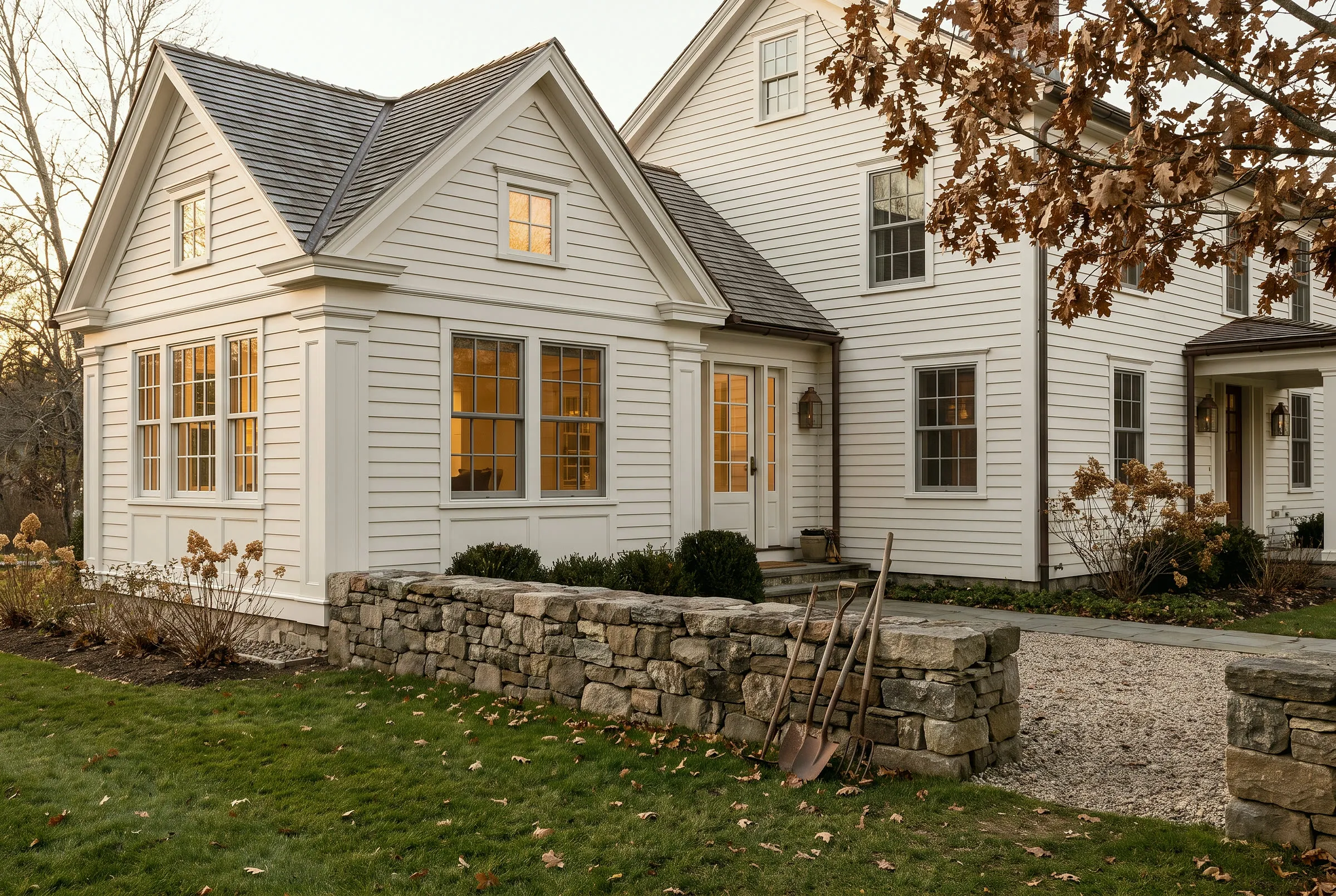 A new wing on a white clapboard house, matched to the original in roof pitch and trim