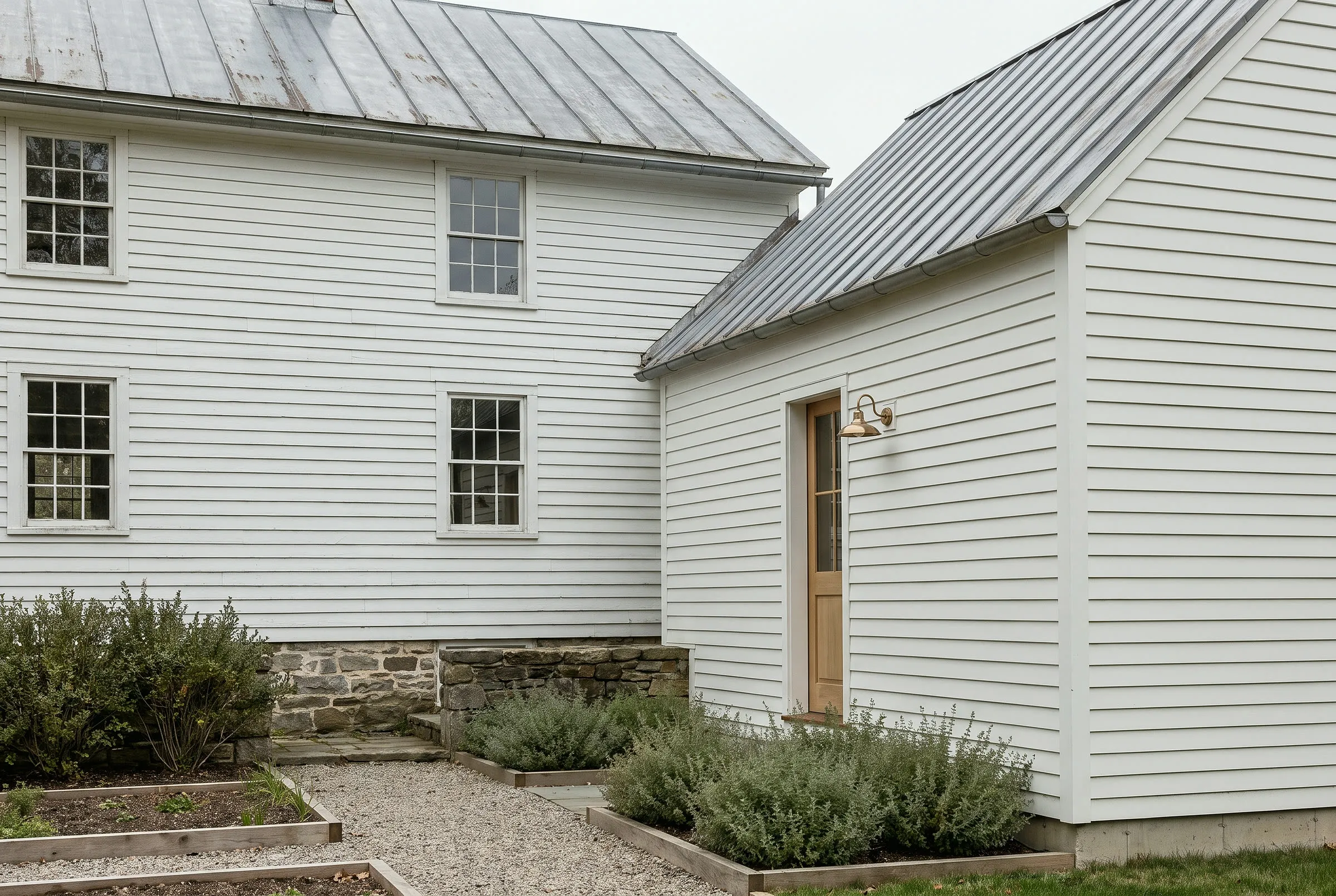 A new wing meeting an original clapboard farmhouse with the rooflines aligned