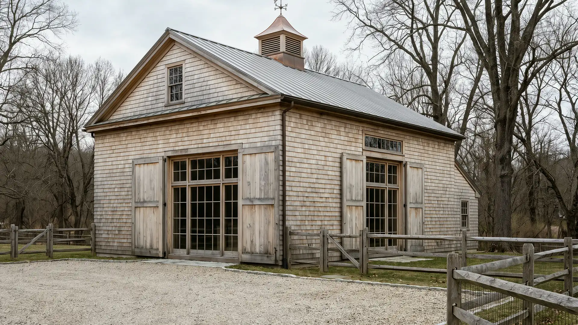 A cedar-shingled barn with a cupola behind a post-and-rail fence and a gravel court