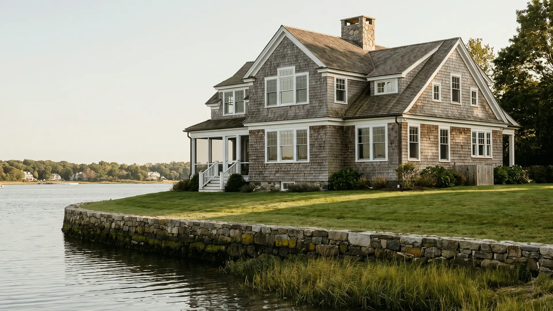A shingled house on a lawn above a stone seawall at the edge of a calm harbor