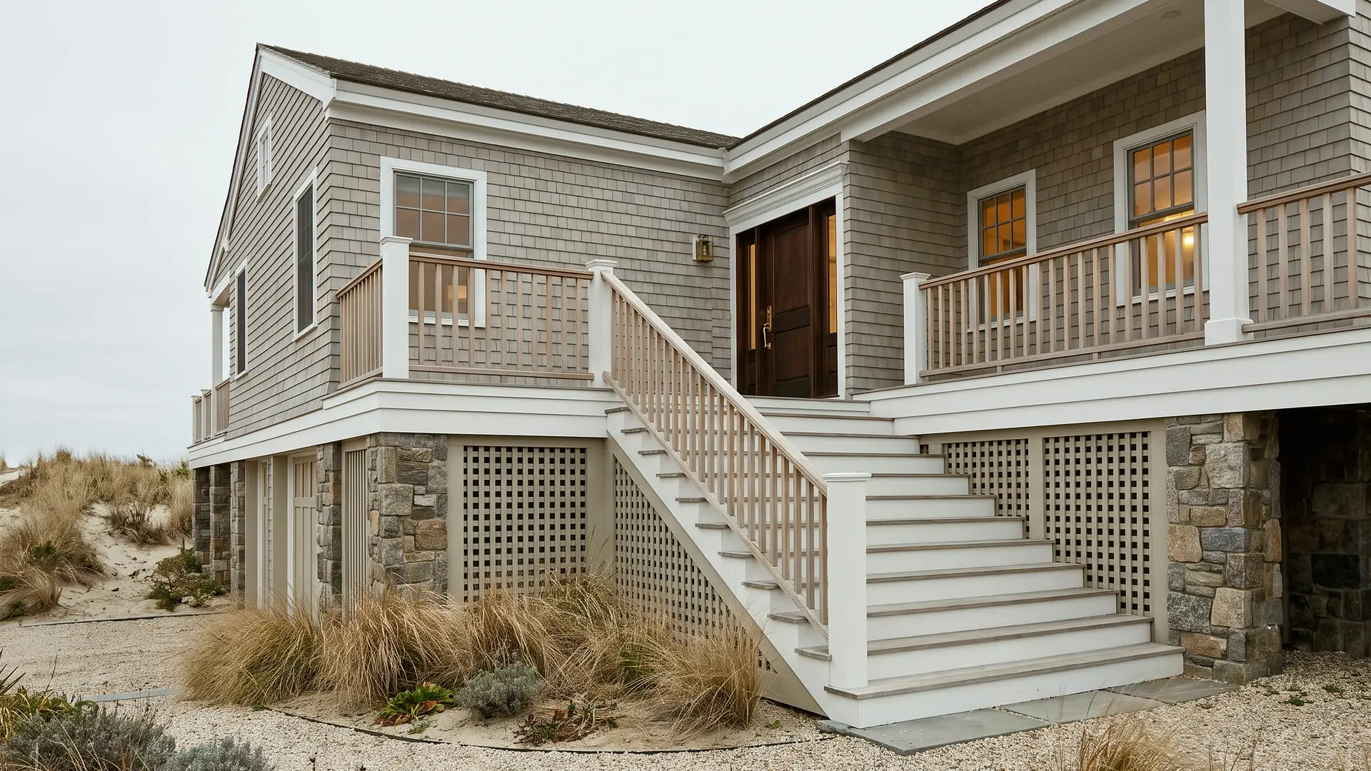 A shingled coastal house raised above grade with a porch and wide front steps