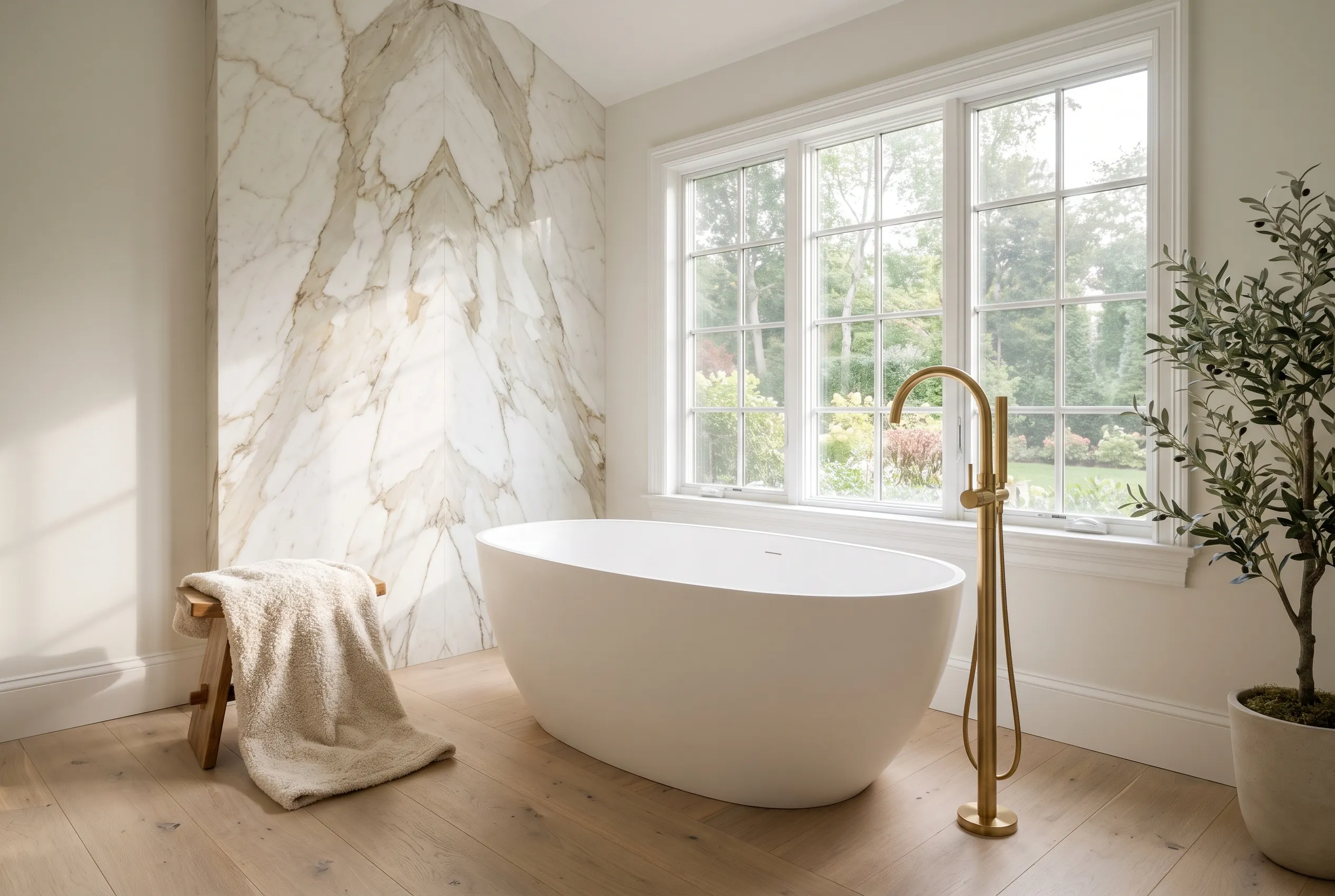 Freestanding soaking tub in a primary bath with marble surrounds