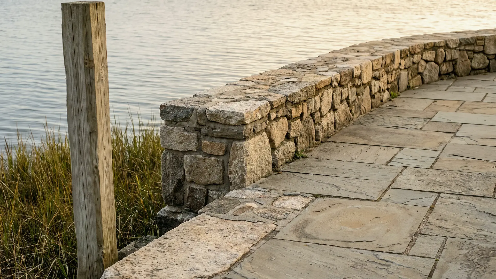 A bluestone terrace meeting a fieldstone seawall at the edge of Long Island Sound