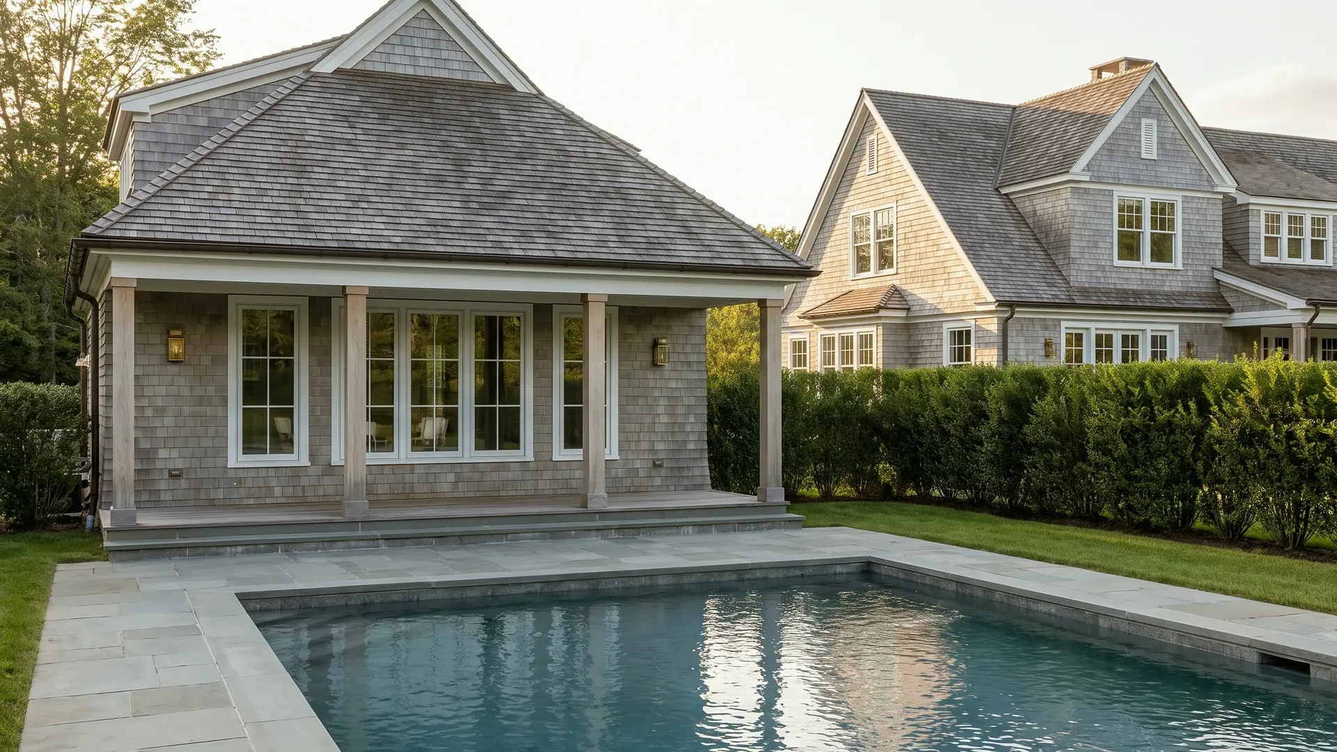 A shingled pool house at the end of a pool, the main house beyond a tall hedge
