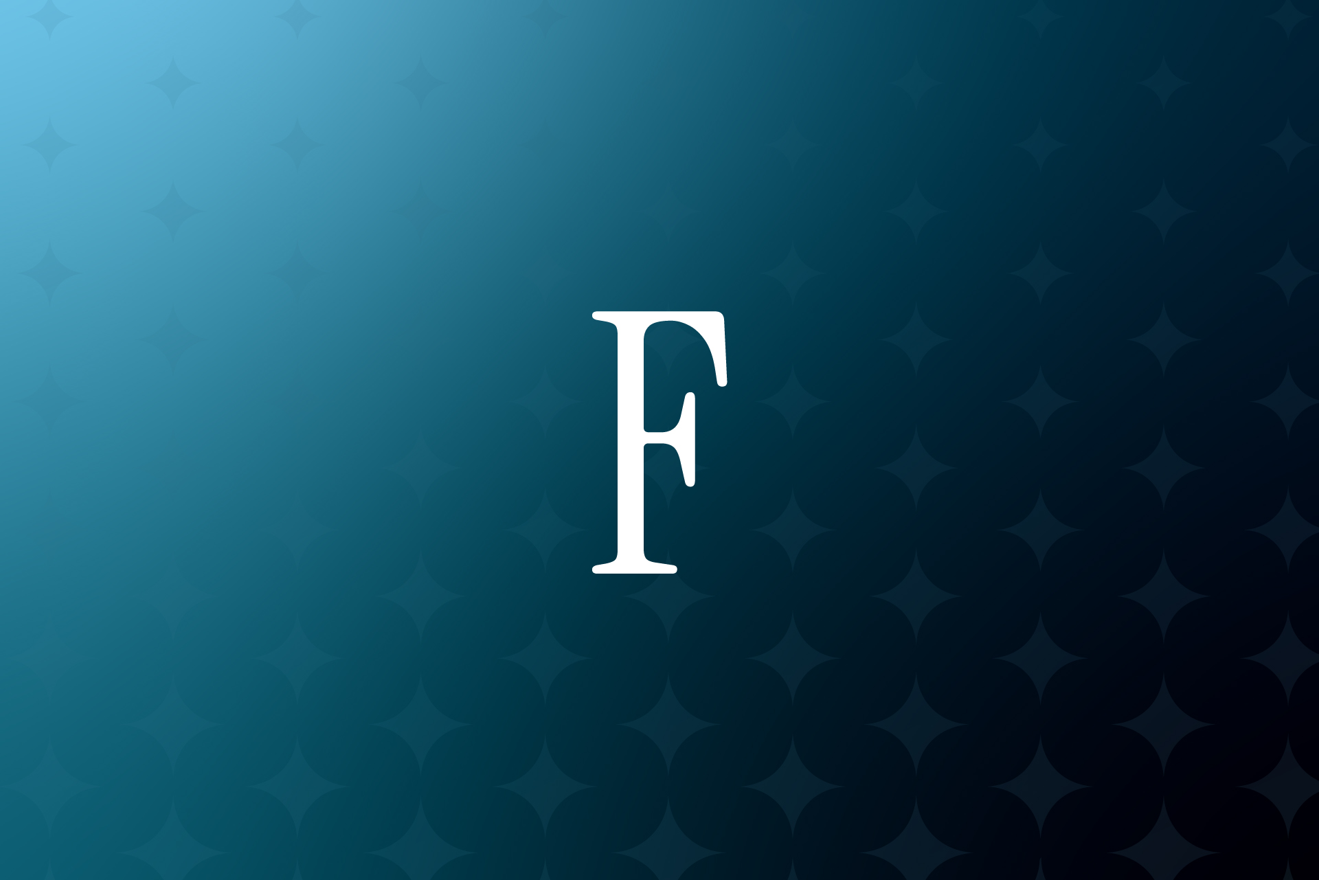 White capital letter F centered on a dark blue to teal gradient background with a subtle pattern of star shapes.