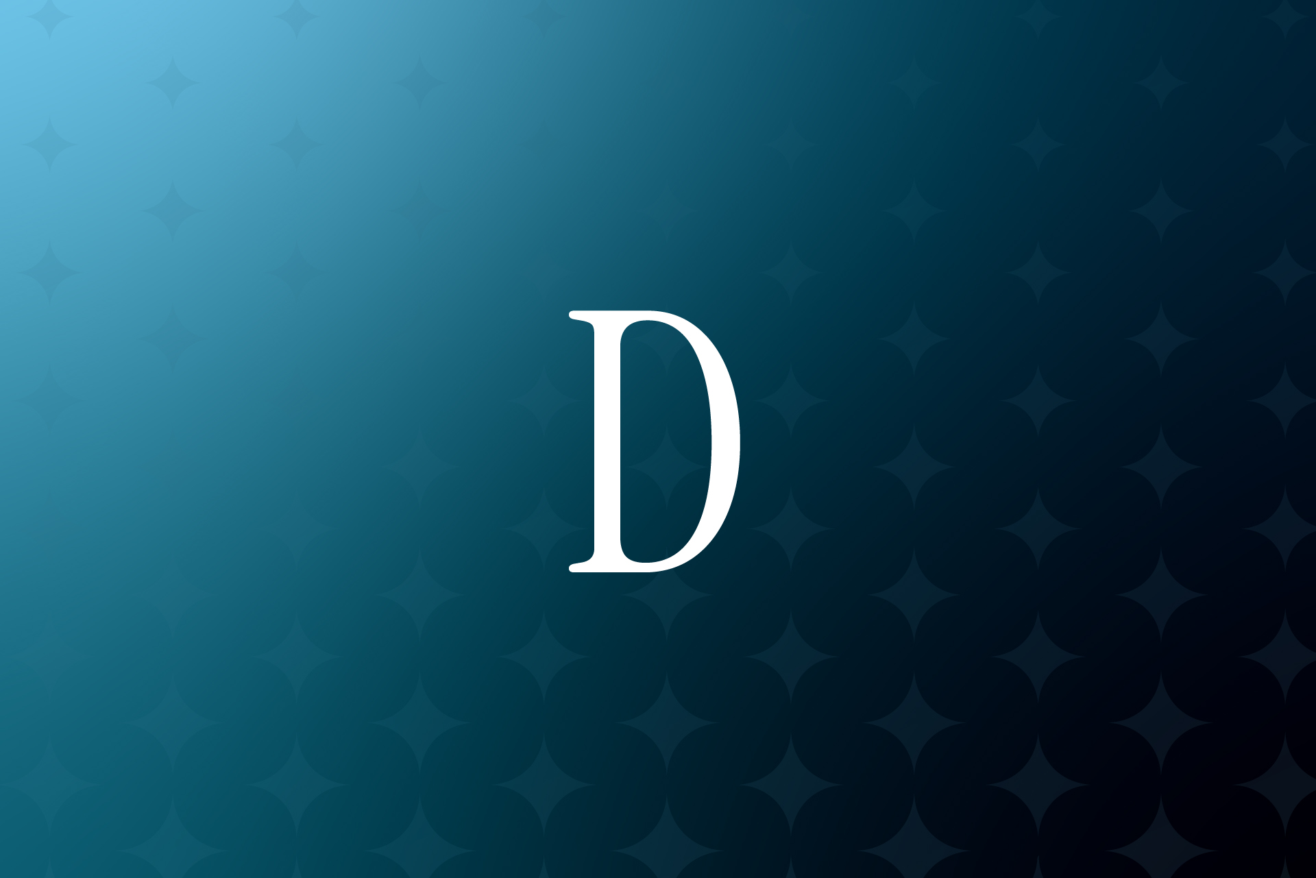 White capital letter D centered on a dark blue to teal gradient background with a subtle star pattern.