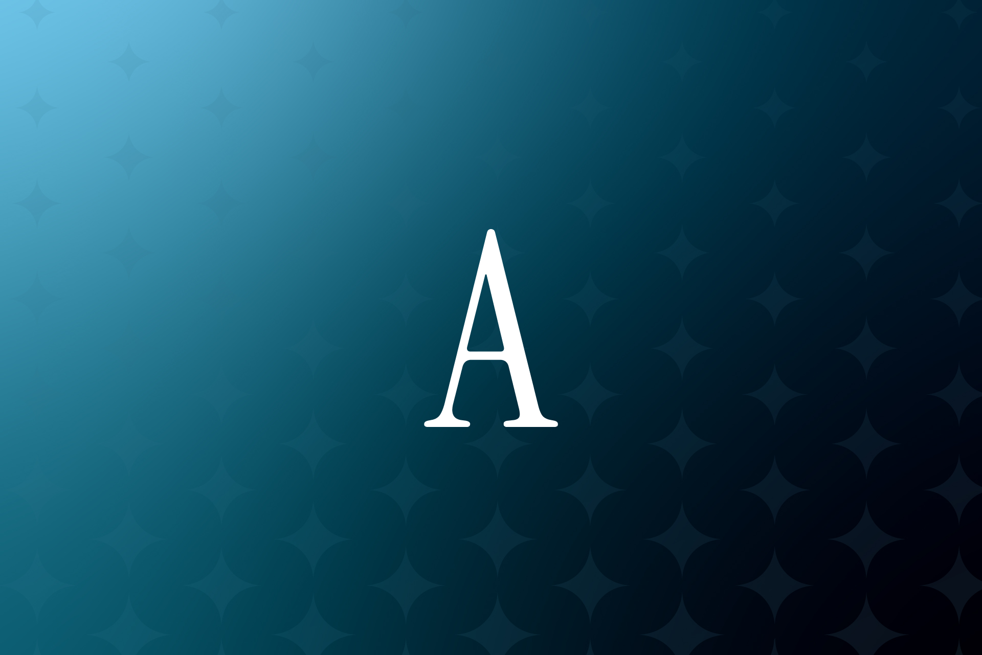 White uppercase letter A centered on a blue gradient background with subtle star-like patterns.