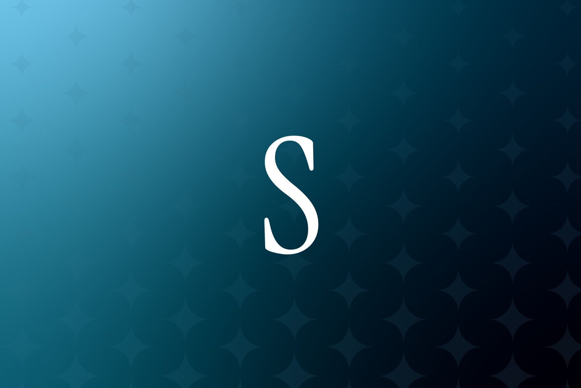 White letter S centered on a blue patterned gradient background with star-like shapes.