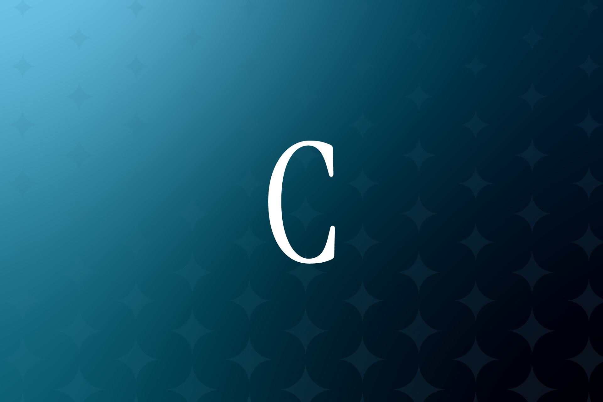 White capital letter C centered on a blue gradient background with a subtle pattern of stylized geometric star shapes.
