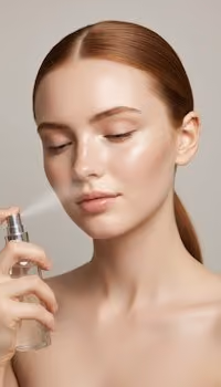 Young woman with clear skin applying spray from a transparent bottle to her face against a plain background.