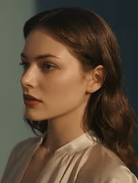 Profile of a young woman with wavy brown hair and subtle makeup wearing a light cream satin blouse against a muted green background.