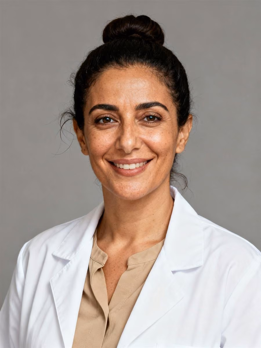Portrait of Dr. Elena Marsh smiling in a white coat