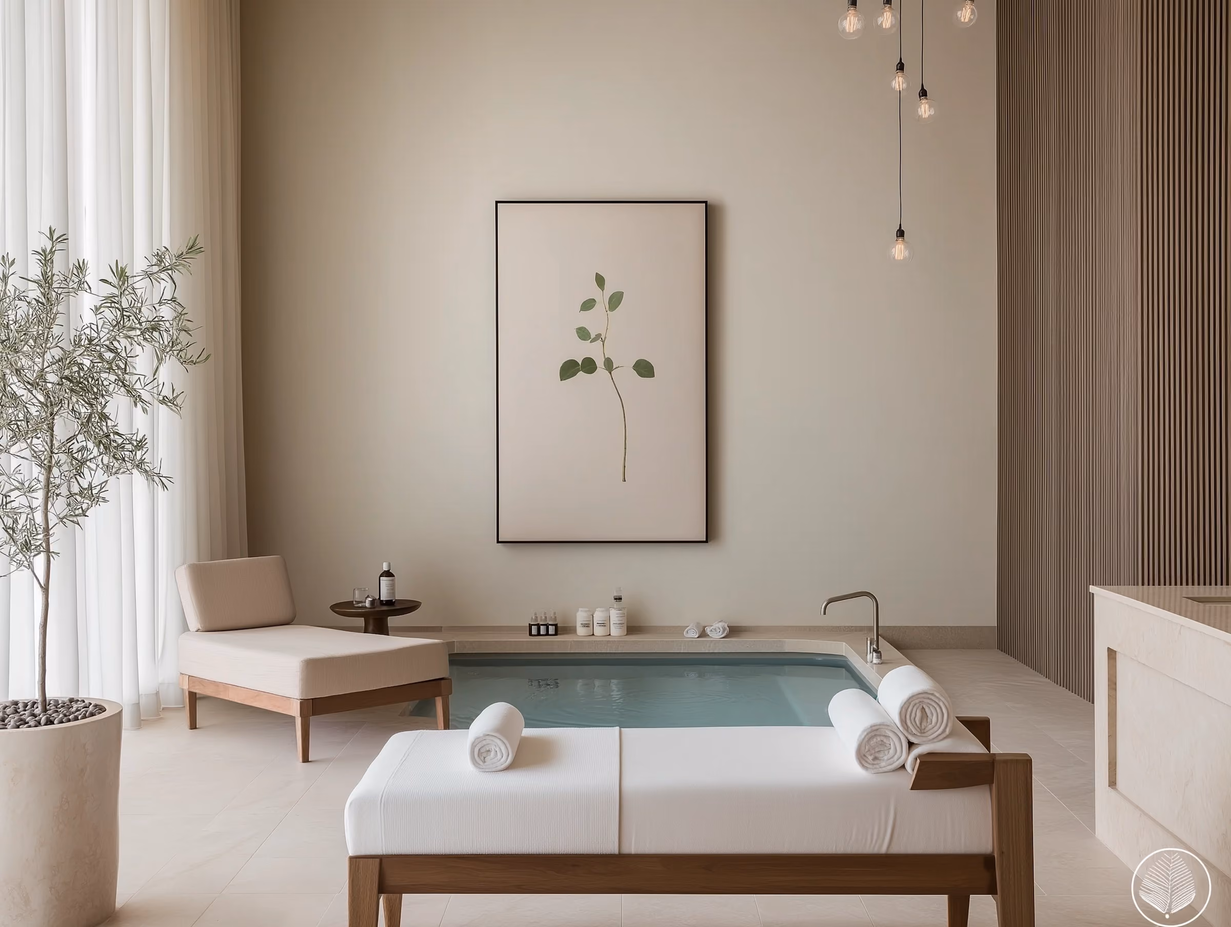 Calm treatment suite with a soaking pool, lounge chair and olive tree
