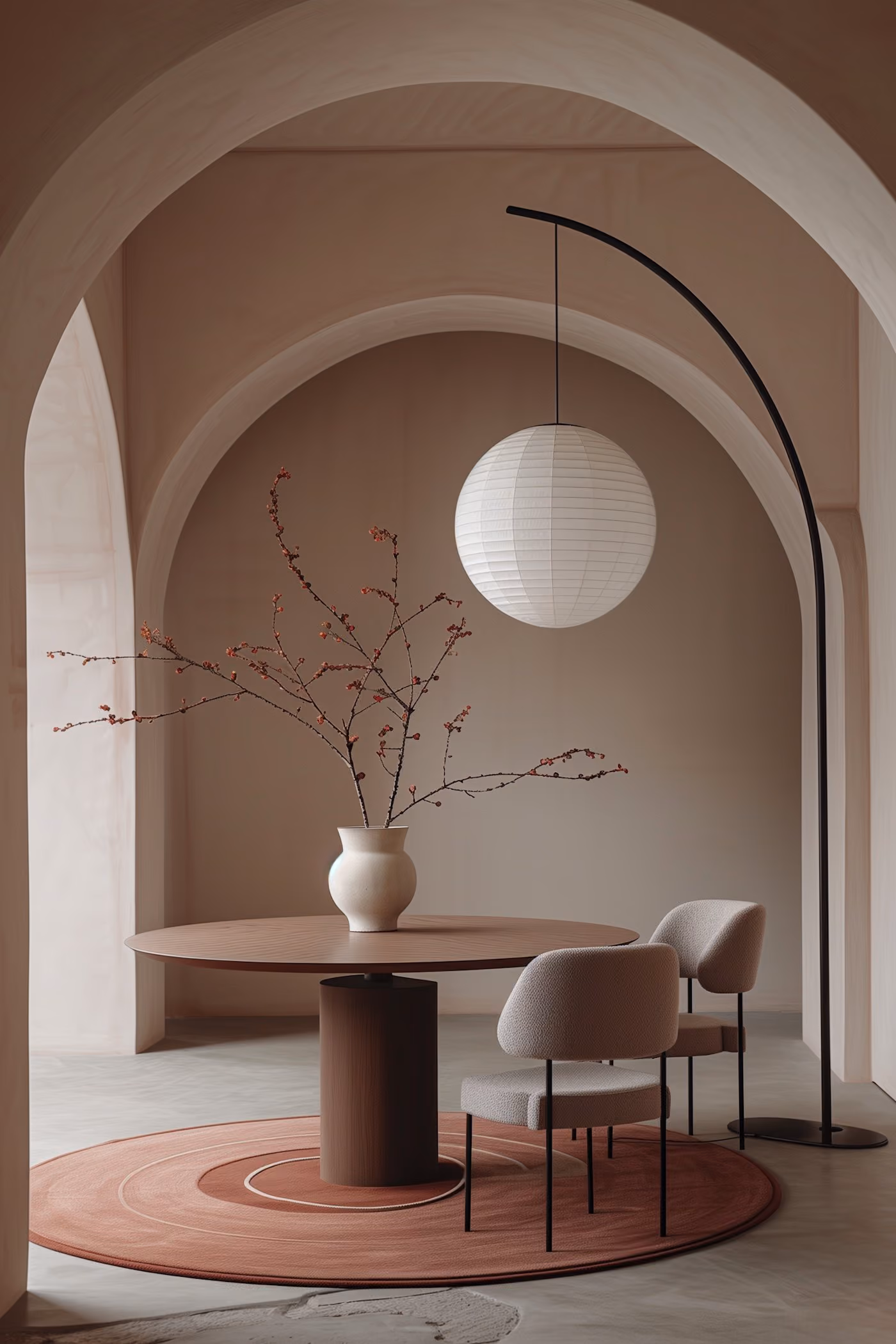 Arched lounge with a round table and soft lighting