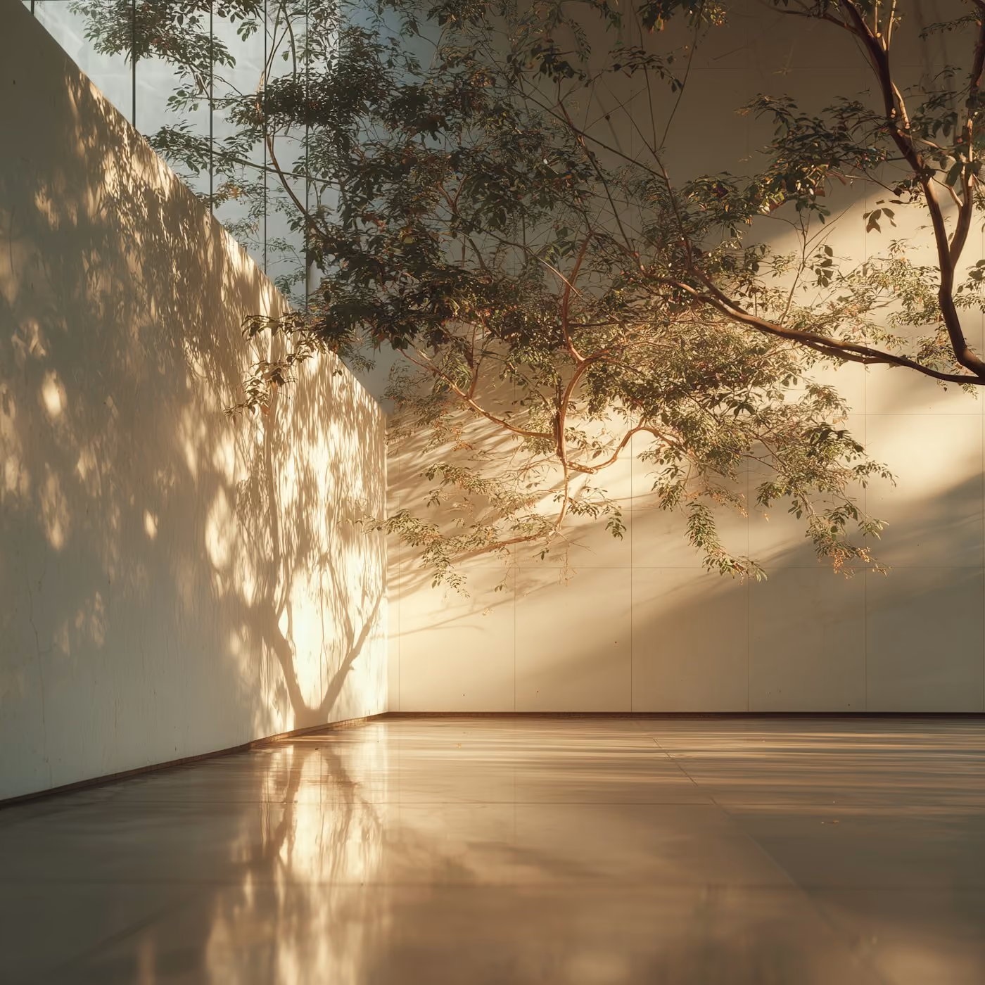 Sunlight and plant shadows on a plaster wall