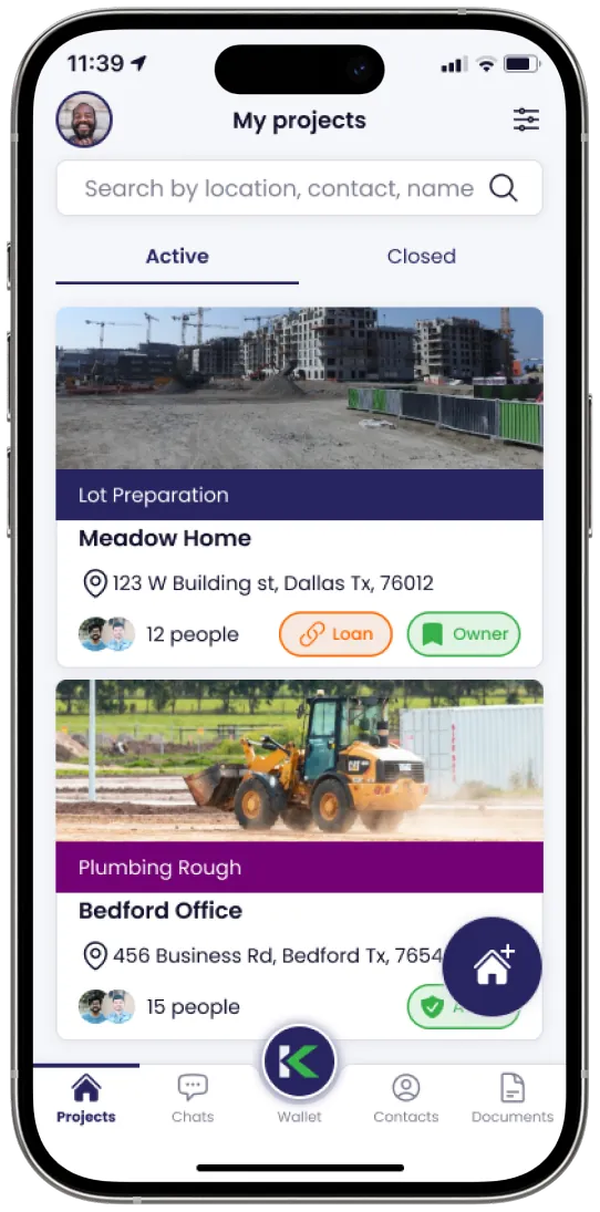 Kunstrux App, My projects view with a list of active projects.