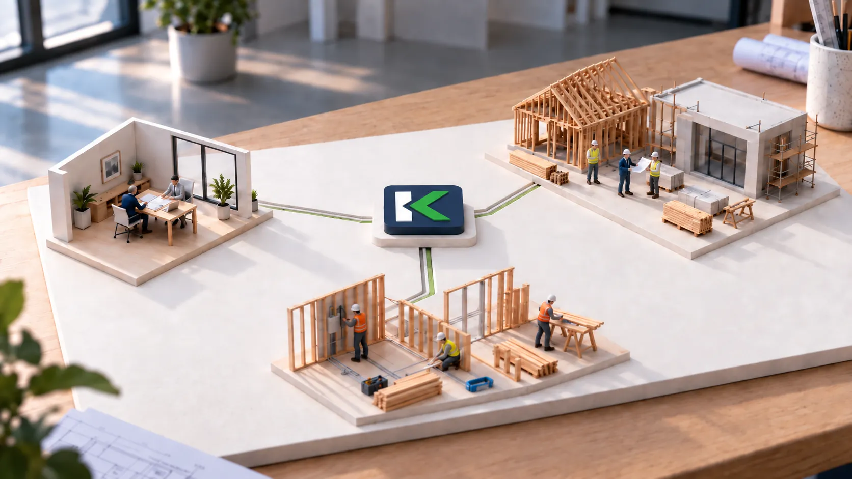 Architectural model on a desk: a small lender office at left, a framed house and a light-commercial building with three people coordinating at upper right, trade workers framing and wiring in the foreground, and a matte navy tile carrying the Kunstrux K mark at the centre, linked to each scene by thin paths.