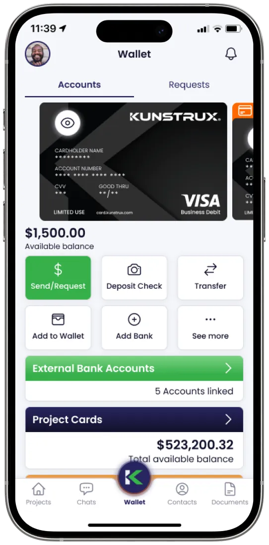 Kunstrux App, Wallet view with accounts and balances.
