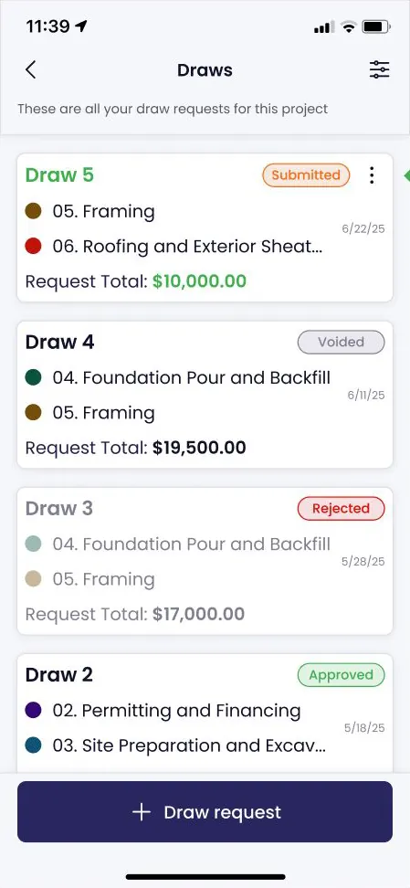 App draw list showing draw requests with status labels.