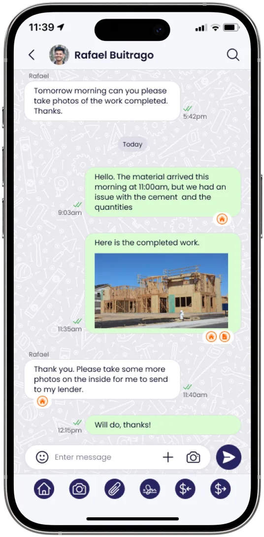 Kunstrux App project chat with Rafael Buitrago: a request for photos of completed work, a note about a cement quantity issue, a shared photo of a framed house, and a request for interior photos to send to the lender.