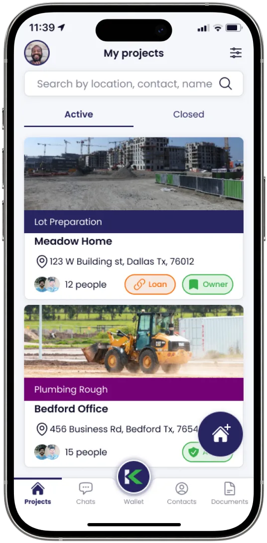 Kunstrux App My projects screen with Active and Closed tabs listing two projects: Meadow Home in Lot Preparation and Bedford Office in Plumbing Rough, each with site photo, address and participant count.