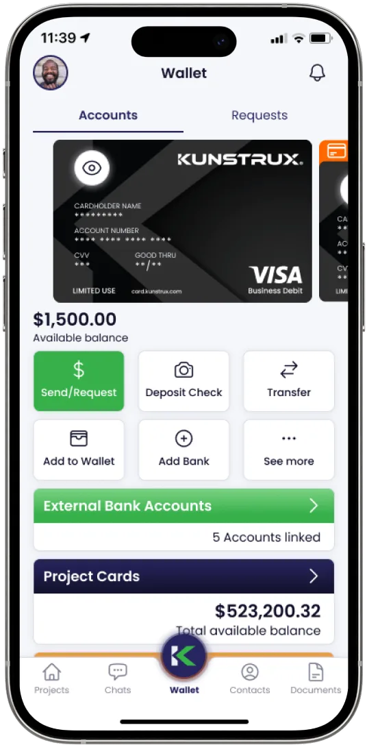 Kunstrux App Wallet screen showing a Kunstrux Visa business debit card, $1,500.00 available balance, Send/Request, Deposit Check and Transfer actions, 5 external bank accounts linked and Project Cards with $523,200.32 total available balance.