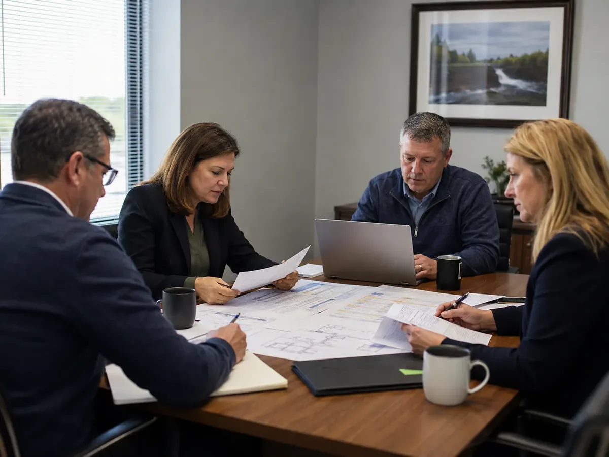 A lending team at a conference table reviewing draw documents, budget sheets and a laptop.