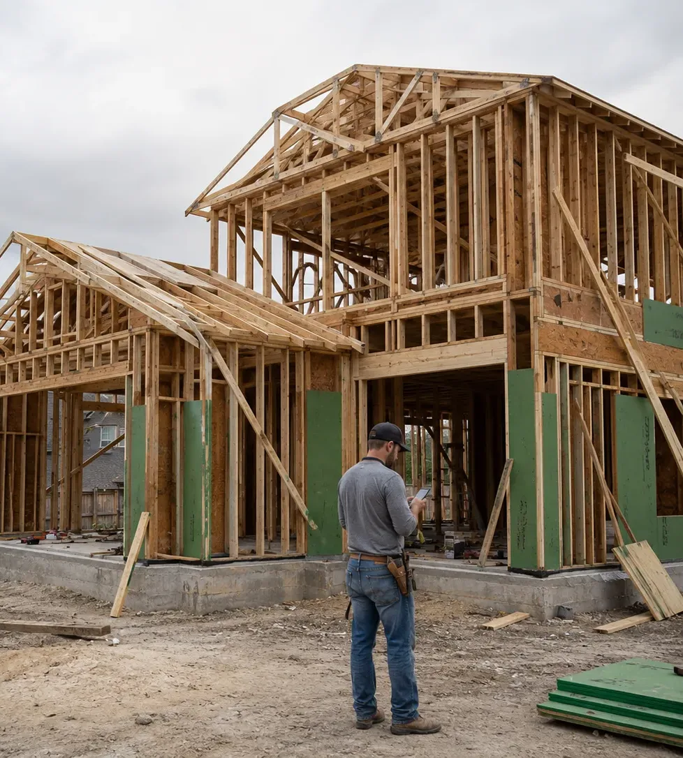 A residential home under construction with a builder on site checking a phone.