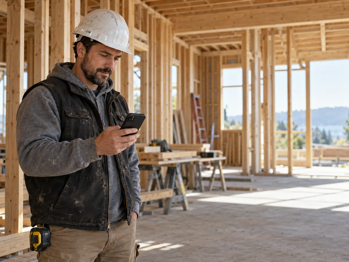 A builder in a hard hat and work vest checks his phone inside a wood-framed house under construction.