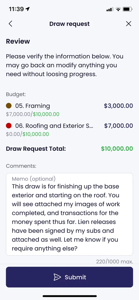 Kunstrux App draw request Review screen with example data. Budget lines 05. Framing, $3,000.00, and 06. Roofing and Exterior Sheathing, $7,000.00, with a draw request total of $10,000.00, an optional memo comment, and a Submit button.