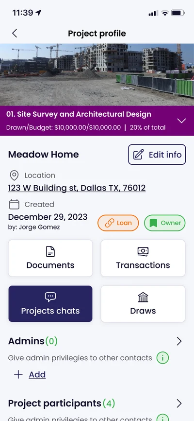 Kunstrux App project profile screen for a sample project, Meadow Home: the current budget phase with drawn and budget amounts, project location, loan and owner tags, and shortcuts to Documents, Transactions, Project chats and Draws.