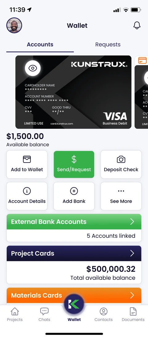Illustrative Kunstrux App Wallet design with sample data: a Kunstrux Visa business debit card, available balance, Send/Request, Deposit Check and Transfer actions, linked external bank accounts, and Project Cards.
