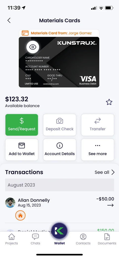 Illustrative Kunstrux App Materials Card recipient-account design with sample data: a masked card, balance, Send, Request, Add to Wallet, Account Details, and See more shortcuts; Deposit Check and Transfer are shown in gray.