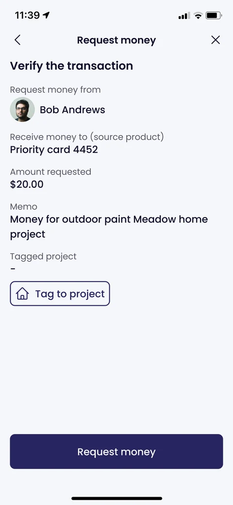 Illustrative Kunstrux App request-money design with sample data: a $20 request, optional memo and project-tag fields, and a Request money button.