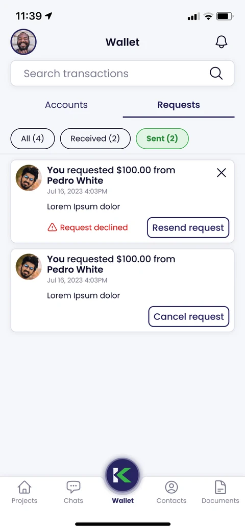 Illustrative Kunstrux App Sent requests design with sample data, including a declined request, Resend request, and Cancel request controls.