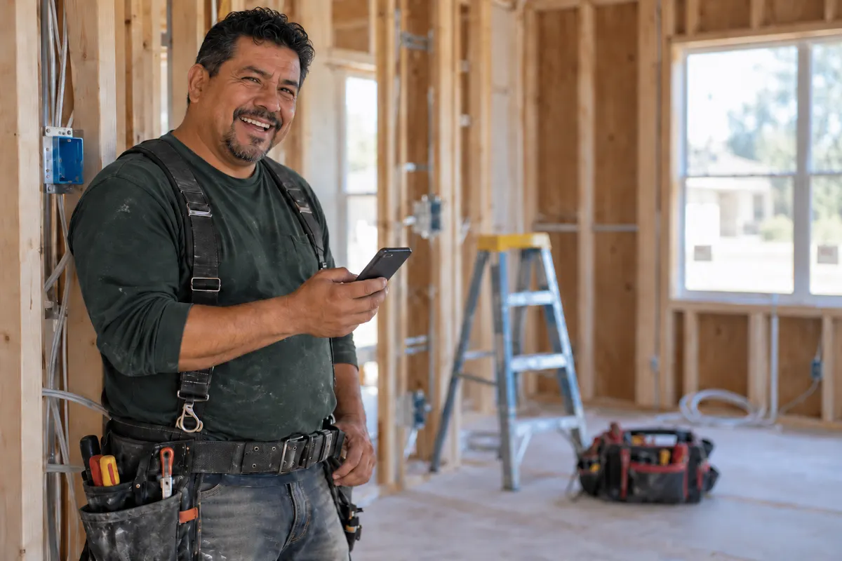 A smiling tradesperson in a tool belt holds his phone inside a framed house under construction.