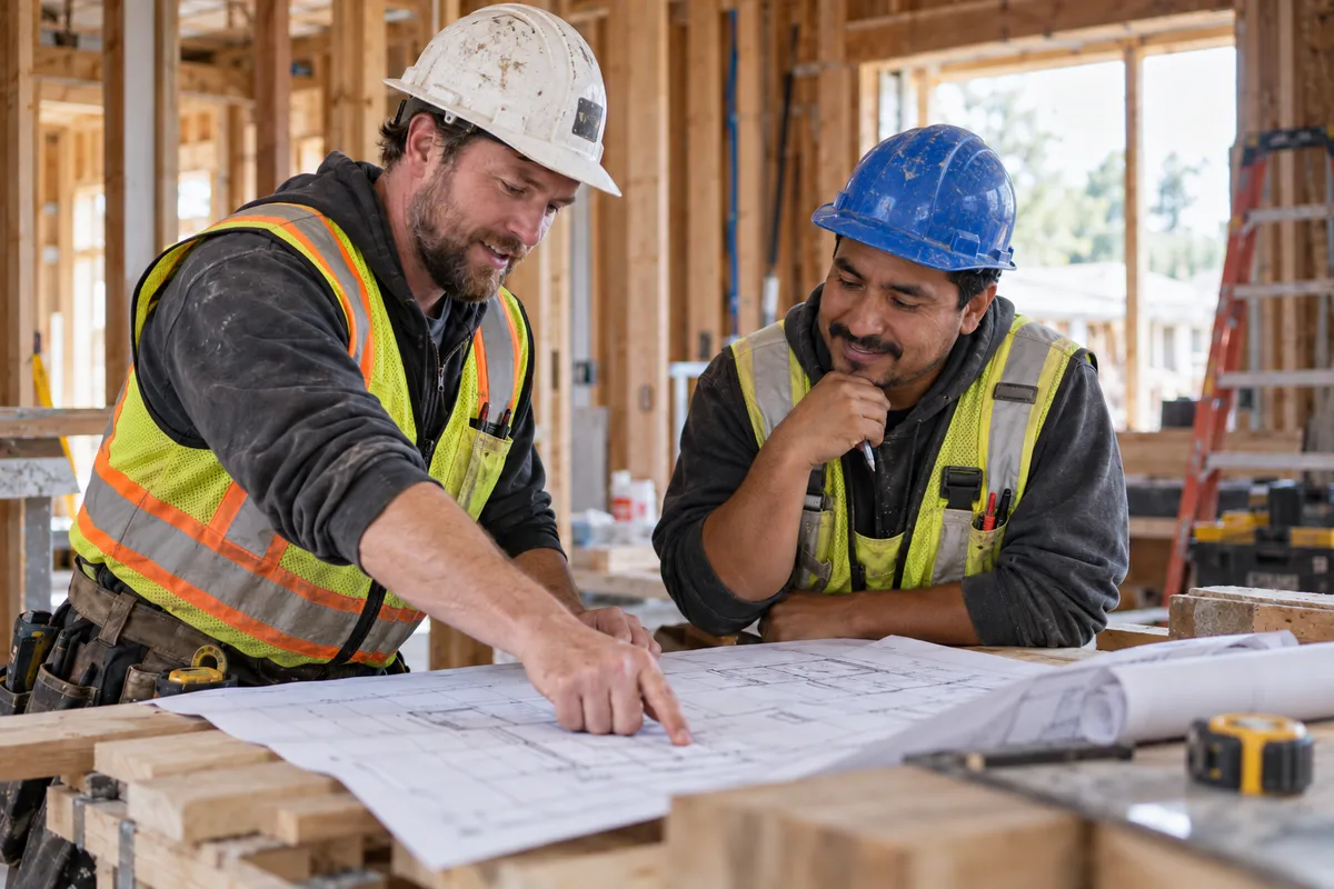 Two tradespeople in hard hats and safety vests review building plans together inside a timber-framed house.