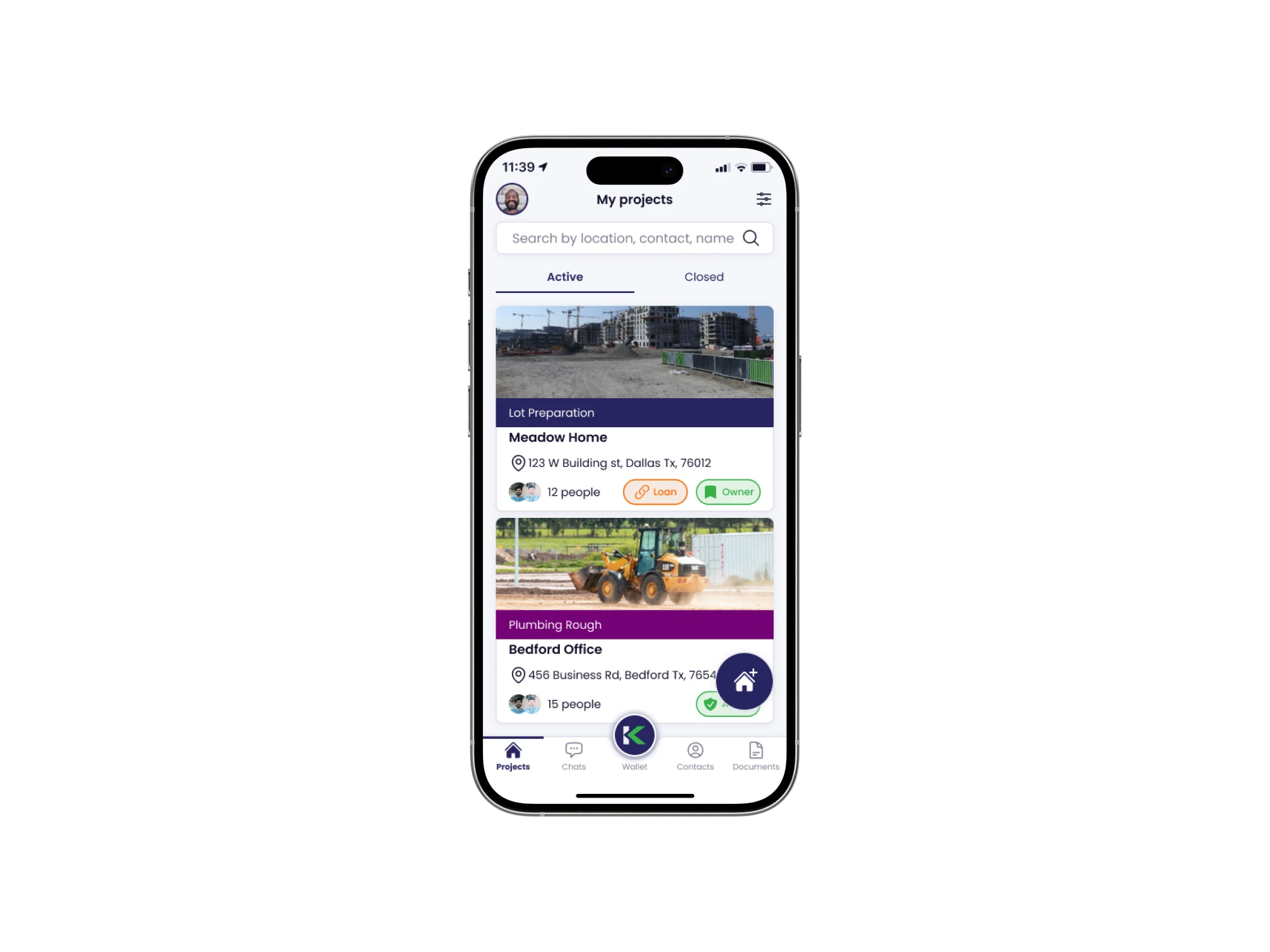 Kunstrux App My projects screen on a phone, Active tab: project cards for Meadow Home at Lot Preparation and Bedford Office at Plumbing Rough, each with an address, people count, and role tags, above the Projects, Chats, Wallet, Contacts, and Documents navigation.