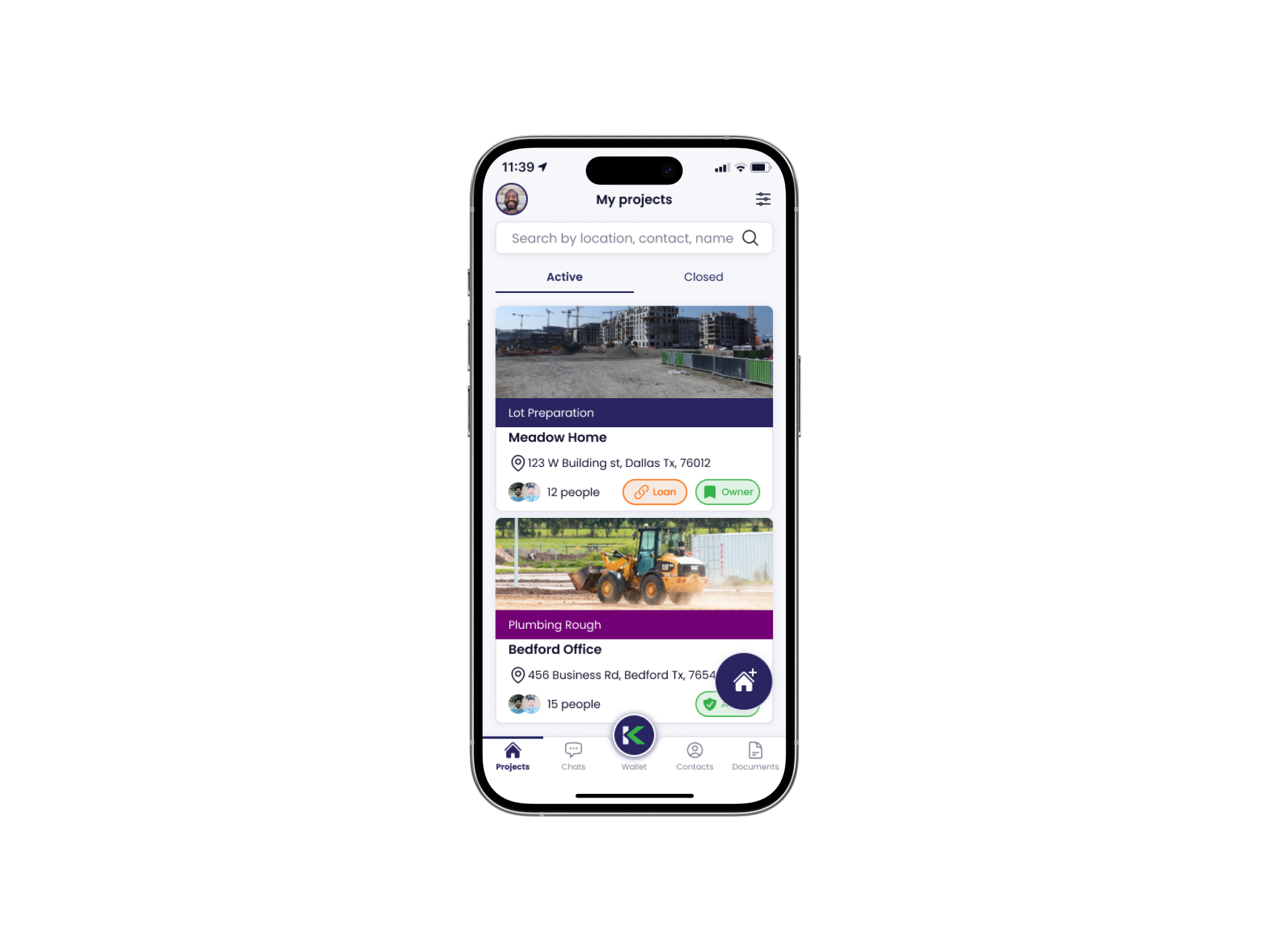 Kunstrux App My projects screen on a phone, Active tab: project cards for Meadow Home at Lot Preparation and Bedford Office at Plumbing Rough, each with an address, people count, and role tags, above the Projects, Chats, Wallet, Contacts, and Documents navigation.