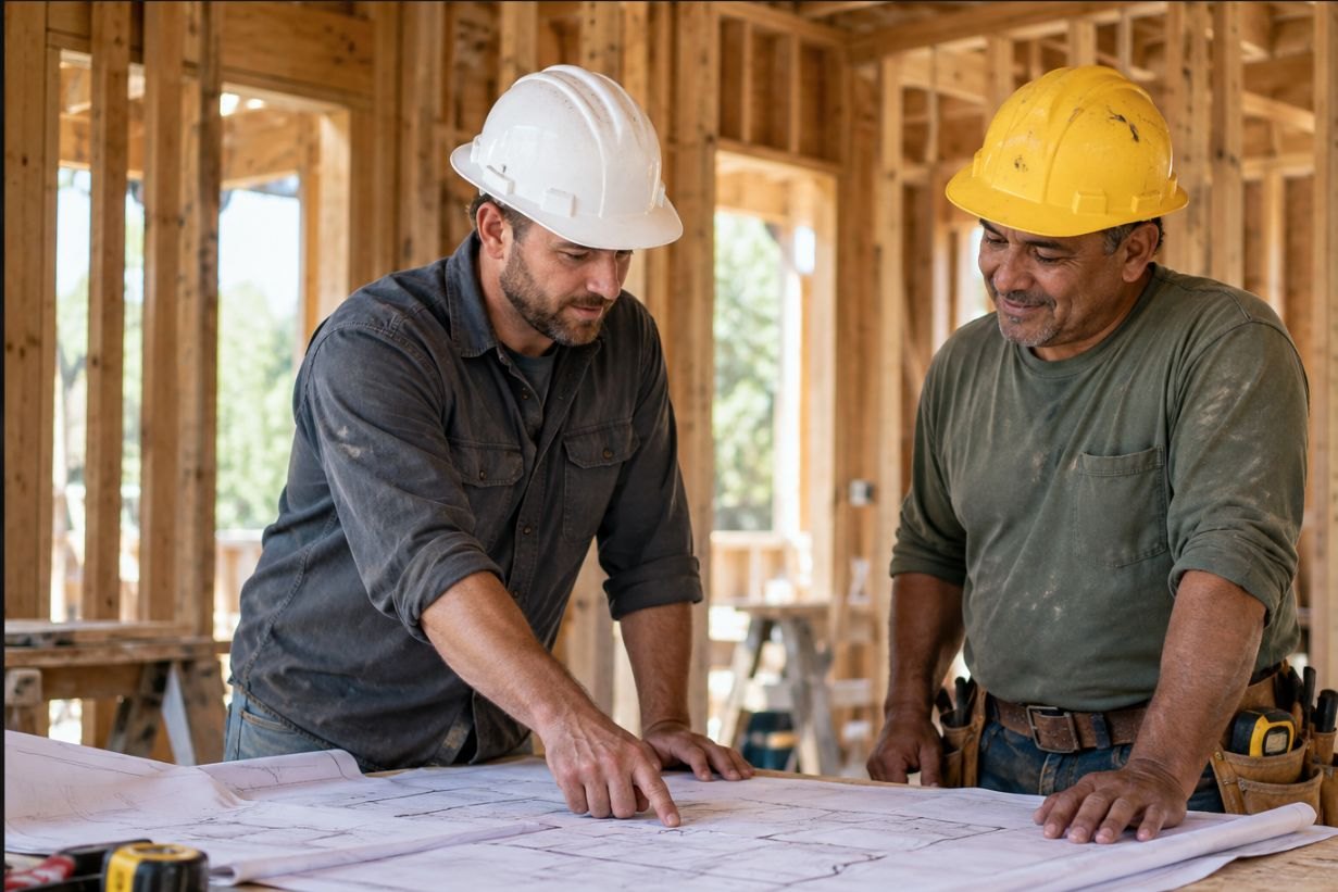 A builder and a subcontractor review construction plans inside a framed building.